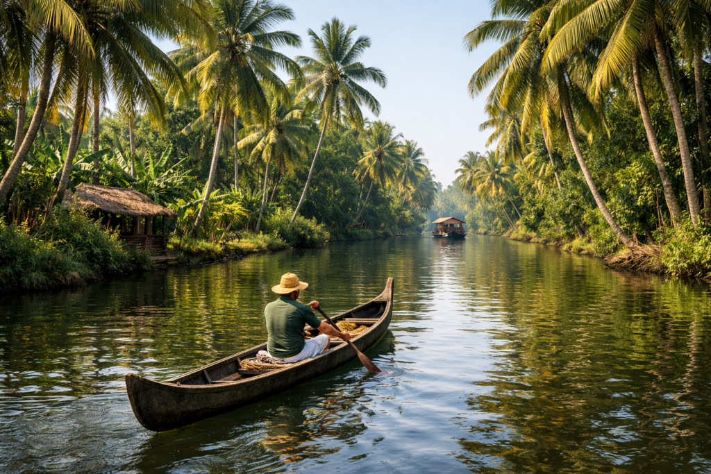 Alleppey backwaters, canoe, coconut trees