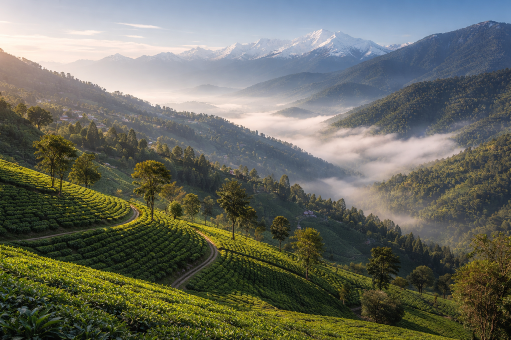 Darjeeling tea gardens, mountains, morning mist