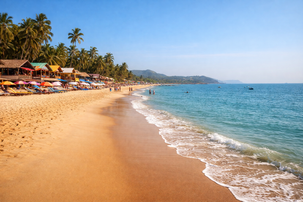 Goa beach in January, golden sand, clear sky, calm waves