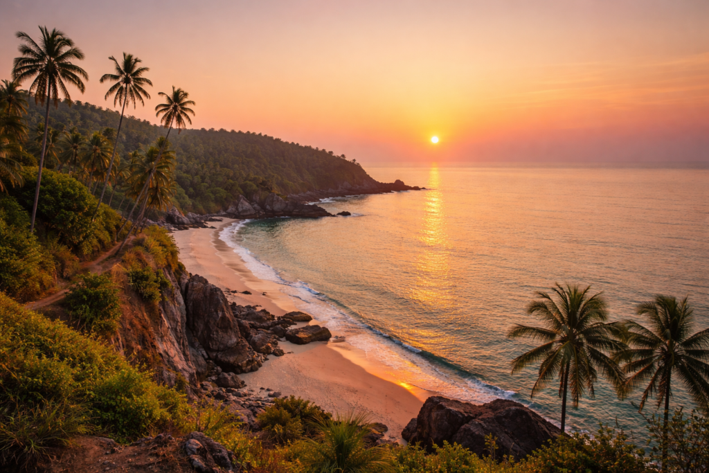 Gokarna beach, cliffside view, calm sea, sunset