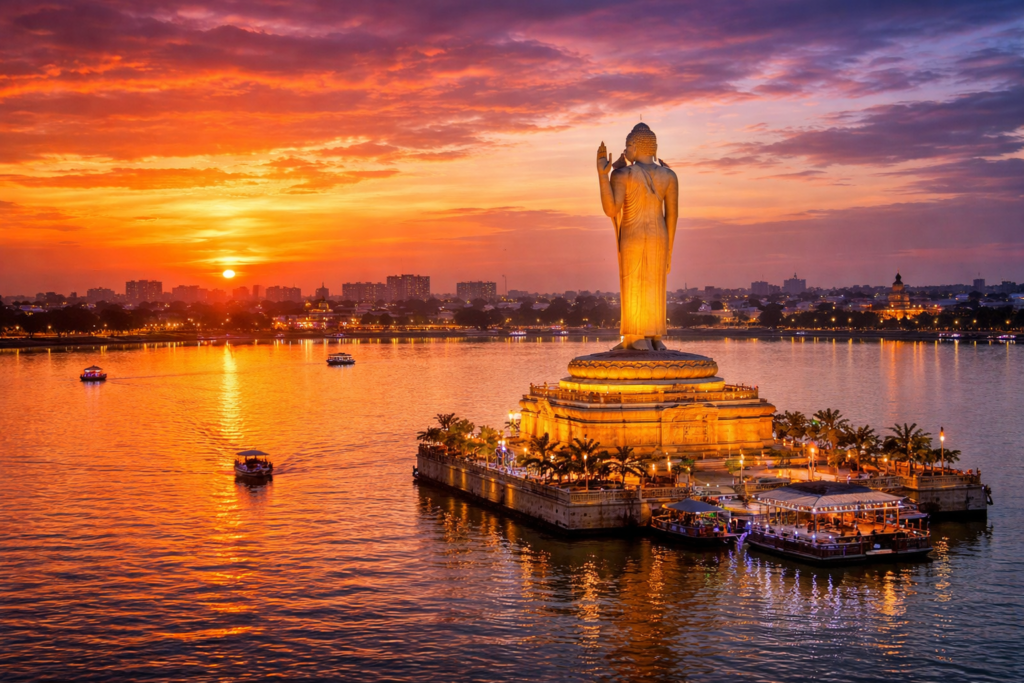 Hussain Sagar Lake with Buddha statue at sunset