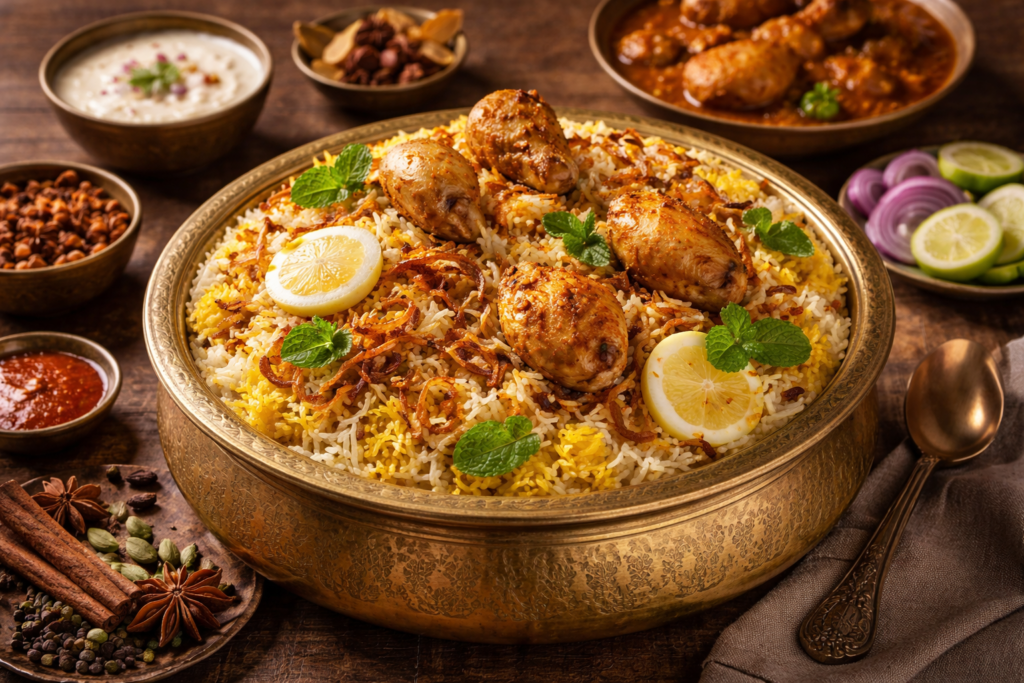 Hyderabadi biryani served traditionally
