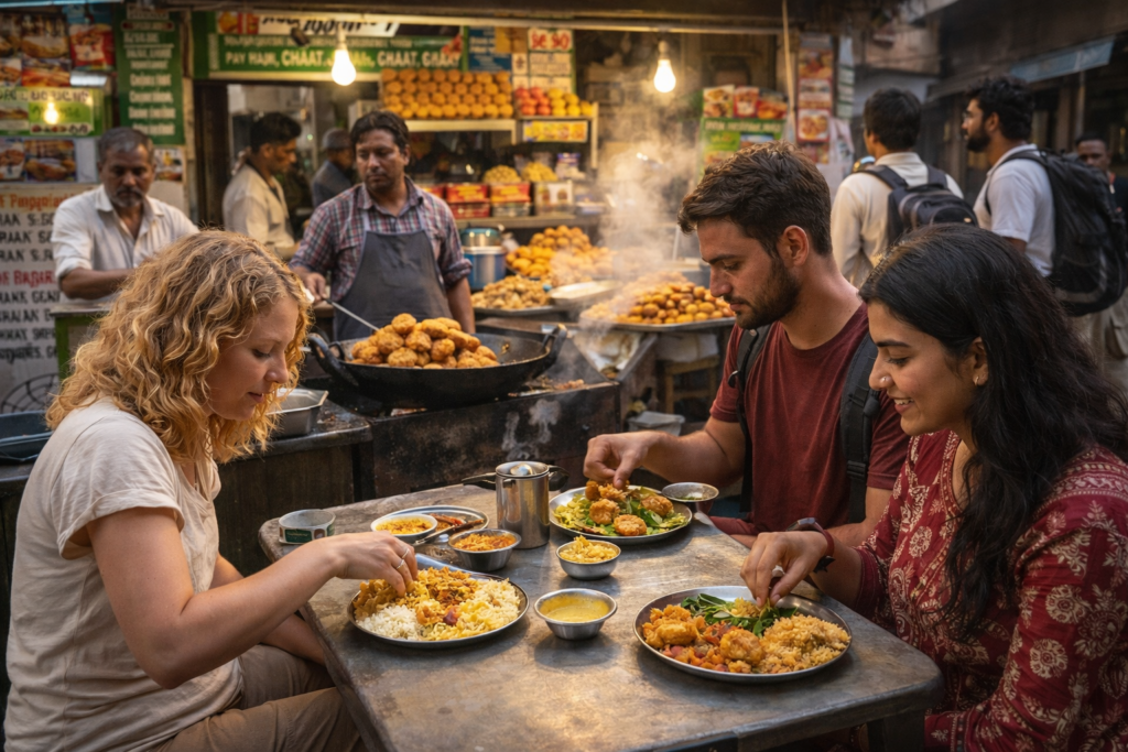 Indian street food stall, travelers eating local food