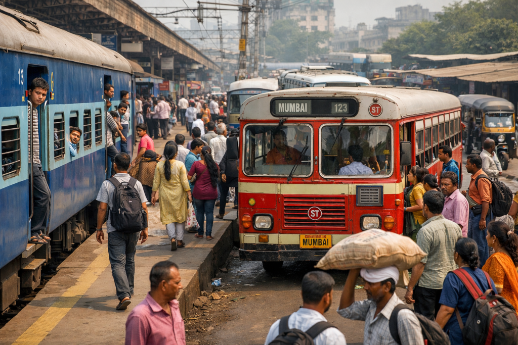 Indian train and bus travel scene