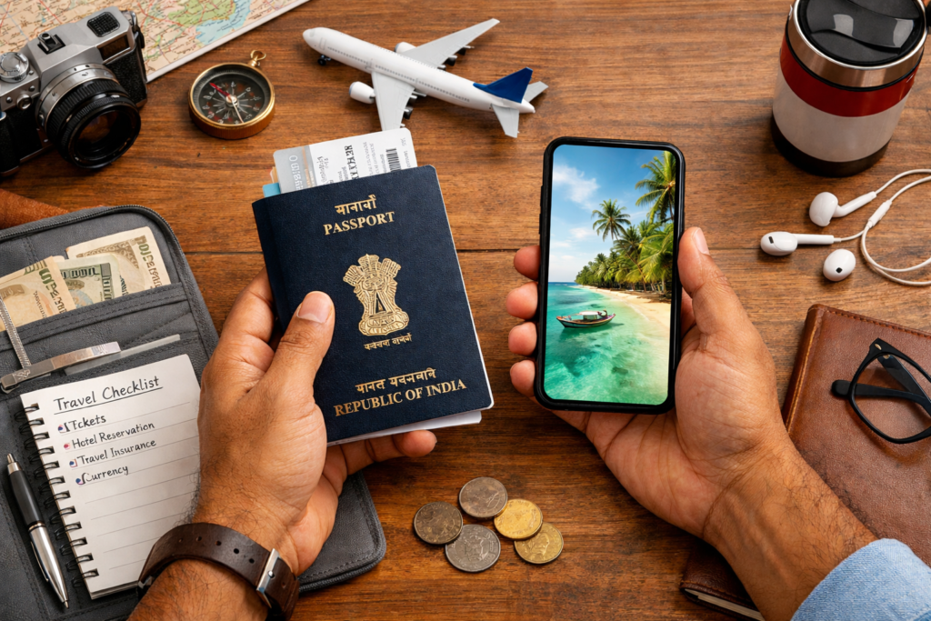 Indian traveler organizing travel documents, passport and phone