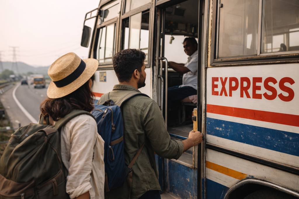Indian travelers boarding a budget bus, highway travel