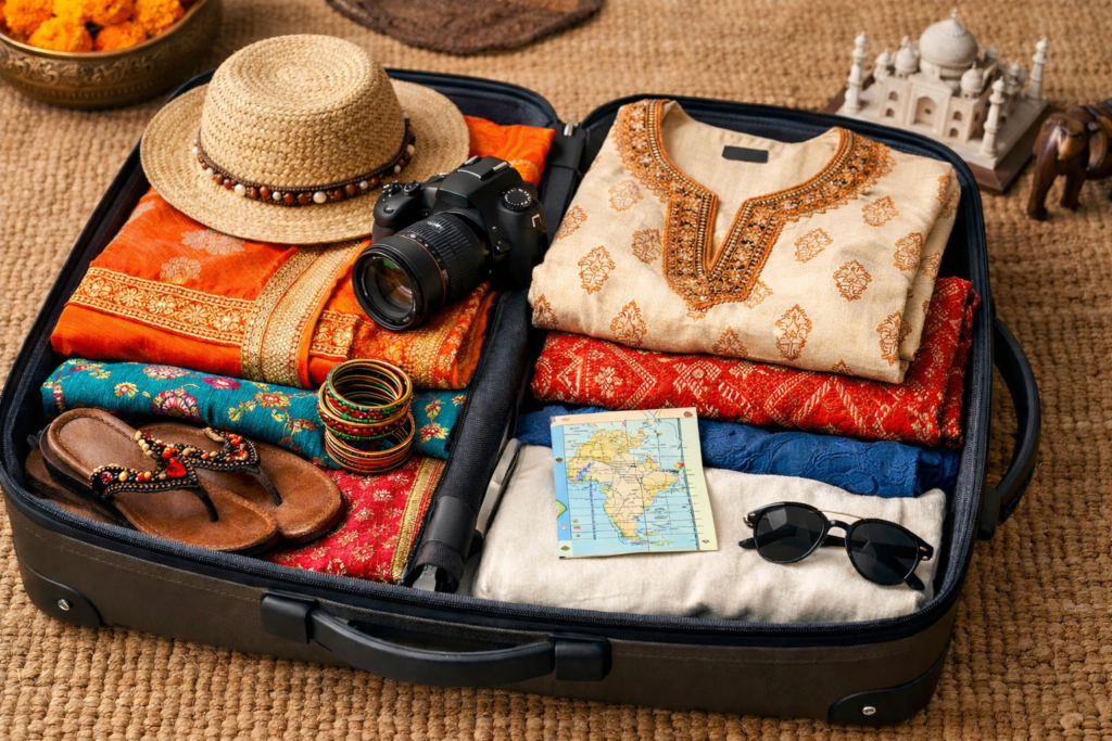 Packed suitcase with Indian travel clothes