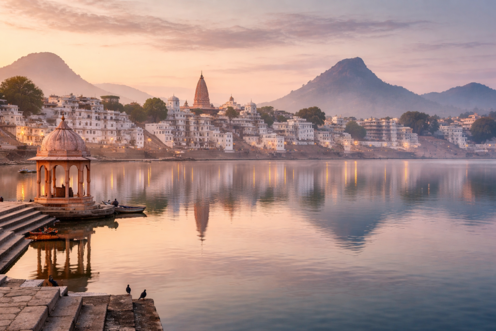 Pushkar lake, temples, early morning calm