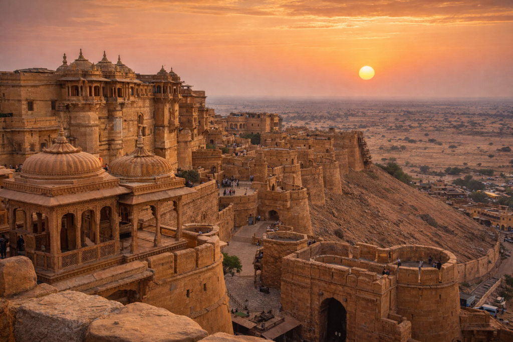 Rajasthan fort, desert sunset, traditional architecture