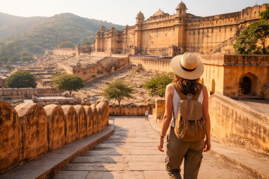 Solo traveler exploring Jaipur fort