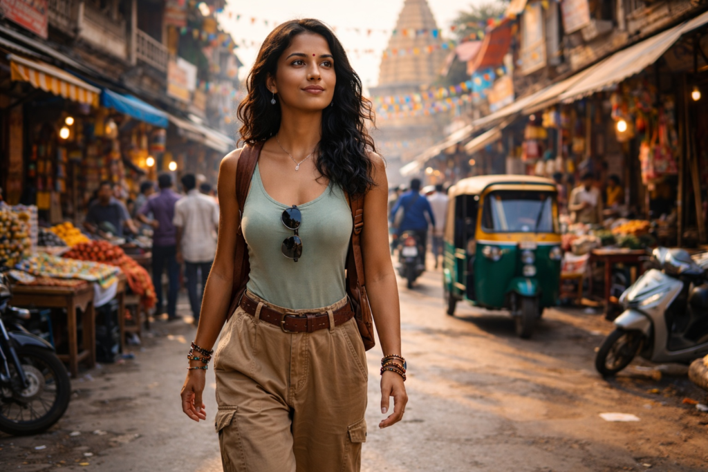 Solo traveler in India walking confidently in a city street
