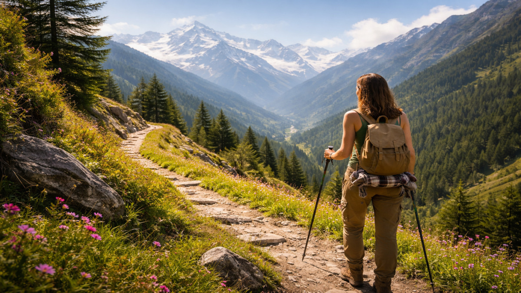 Solo traveler trekking in Himachal mountains