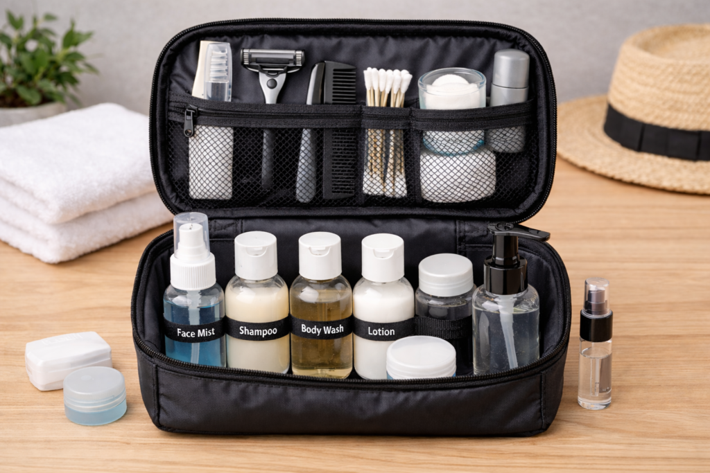 Travel toiletry kit neatly packed