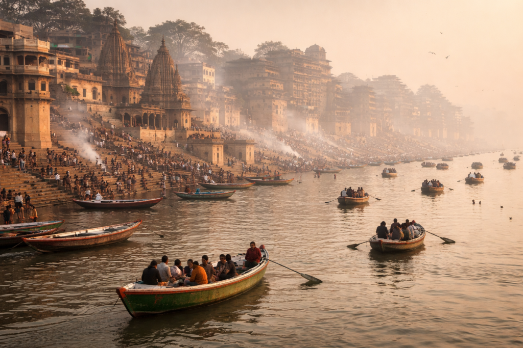 Varanasi ghats in winter morning, boats on river Ganga, soft sunlight