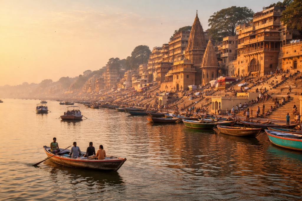 Varanasi ghats, river Ganga, morning light, boats