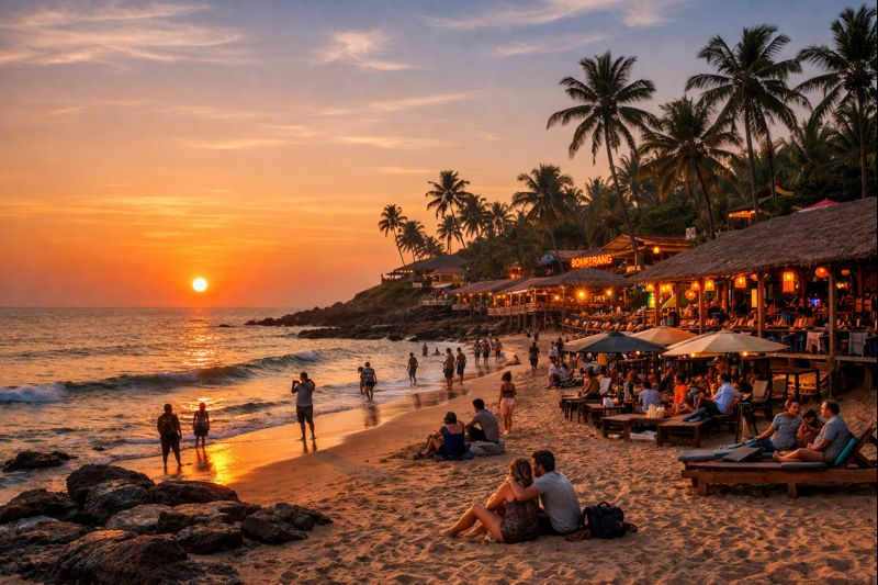 Anjuna Beach sunset with people and shacks