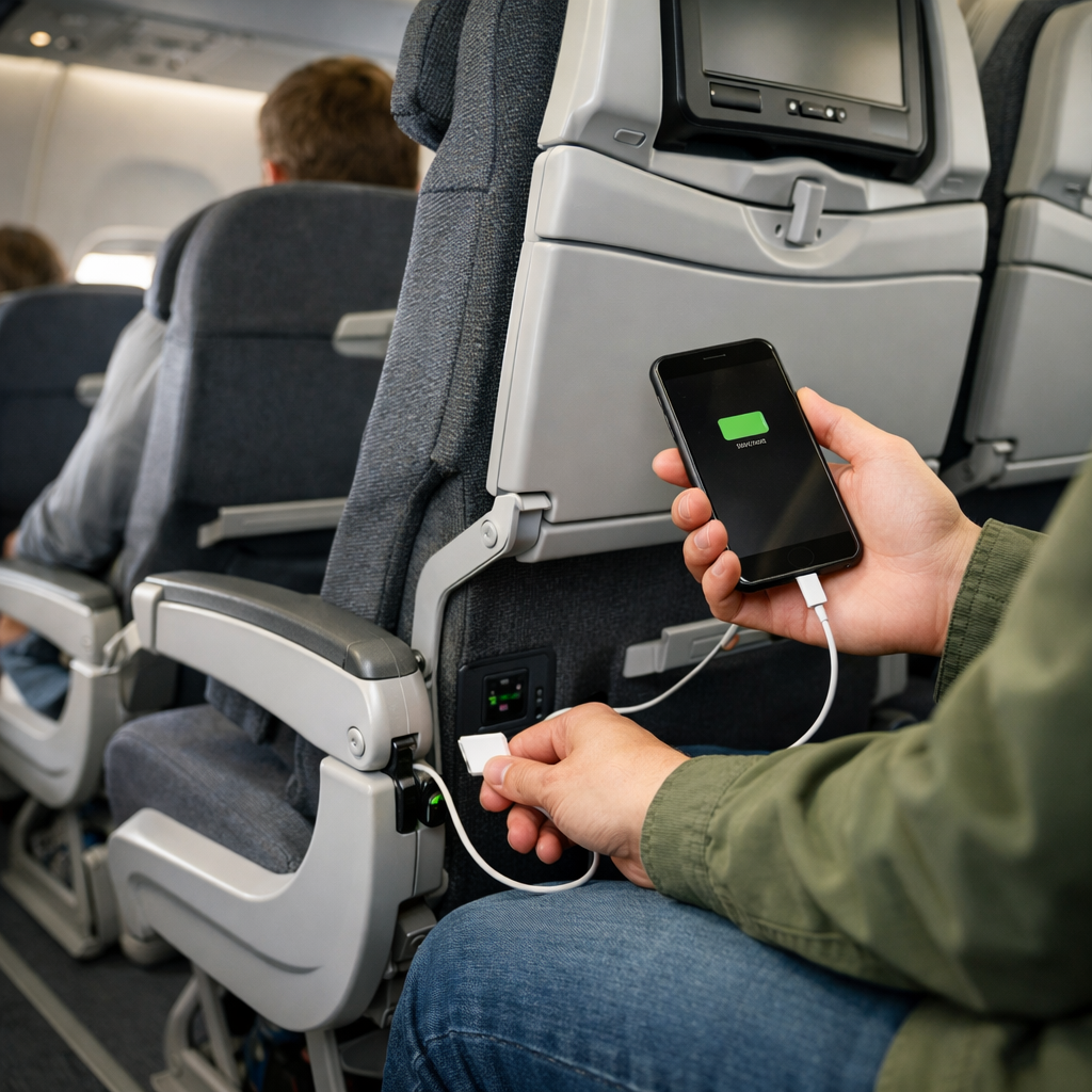 Passenger on a flight using a seat power outlet to charge their phone